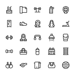 25 set of outline web gym icons such as mat, locker, weight, weight, rings vector thin icons for report, presentation, diagram, web design, mobile app