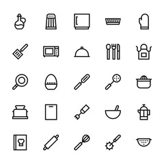 25 set of outline web cooking icons such as salt shaker, spatula, pan, toaster, recipe book vector thin icons for report, presentation, diagram, web design, mobile app