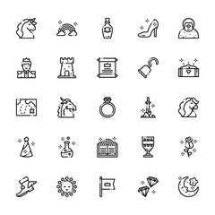 25 set of outline web fairytale icons such as rainbow, king, treasure map, fairy hat, magic boot vector thin icons for report, presentation, diagram, web design, mobile app