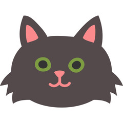 Cute Black Fluffy Cat Face with Green Eyes and Pink Nose on Transparent Background Simple Flat Design Illustration