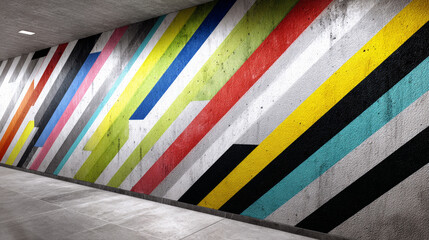 Colorful abstract stripes painting on concrete wall urban hallway