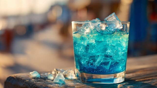 Refreshing blue drink served on a wooden table in a beachside setting during sunset