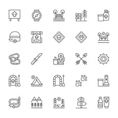25 set of outline web scouts icons such as wristwatch, trailer, carabiner, raft, snorkel vector thin icons for report, presentation, diagram, web design, mobile app