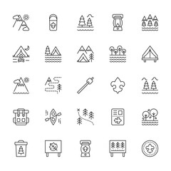 25 set of outline web scouts icons such as lapel pin, camp, mountain, backpack, bin vector thin icons for report, presentation, diagram, web design, mobile app