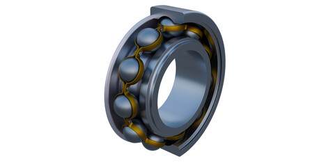 Close up view of a deep groove ball bearing cross-section revealing internal elements namely inner race, outer race, cage and ball elements.
