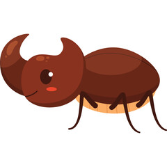 Cute brown rhinoceros beetle with small horn and blush cheeks on transparent background