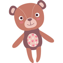 Cute brown teddy bear illustration with pink heart pattern on chest and blush cheeks isolated on transparent background soft color palette for childrens products