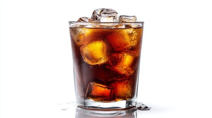 Cold drink served in a glass filled with ice cubes on a bright background during summer refreshment time