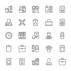 25 set of outline web workplace icons such as cactus, tea cup, wall clock, bin, cupcakes vector thin icons for report, presentation, diagram, web design, mobile app