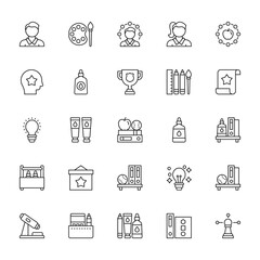 25 set of outline web education icons such as paint palette, head, idea, pencil case, microscope vector thin icons for report, presentation, diagram, web design, mobile app