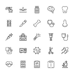 25 set of outline web medical icons such as skin, dna, injection, blood pressure, cardio vector thin icons for report, presentation, diagram, web design, mobile app