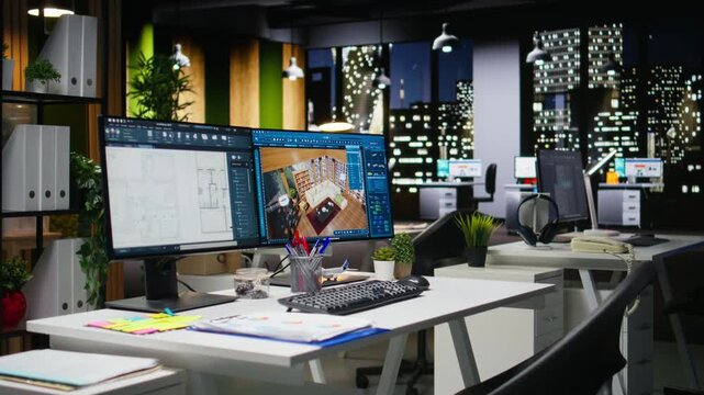 Professional interior design workspace showing modern computer monitors with architectural software used for drafting, layout and modeling. Creative environment optimized for productivity.