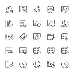 25 set of outline web interaction set icons such as music player, file, video player, archive, folder vector thin icons for report, presentation, diagram, web design, mobile app