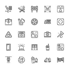 25 set of outline web emergency icons such as stretcher, doors, fire, exit door, sprinkler vector thin icons for report, presentation, diagram, web design, mobile app