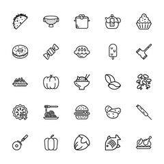 25 set of outline web gastronomy collection icons such as strainer, doughnut, risotto, pie, pizza vector thin icons for report, presentation, diagram, web design, mobile app