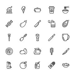 25 set of outline web gastronomy collection icons such as ice cream, candy, spatula, potatoes, kebab vector thin icons for report, presentation, diagram, web design, mobile app