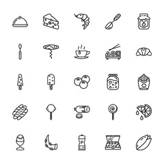 25 set of outline web gastronomy collection icons such as cheese, teaspoon, ice cream, bread, boiled vector thin icons for report, presentation, diagram, web design, mobile app