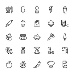 25 set of outline web gastronomy collection icons such as ice cream, rolling pin, seeds, cookies,   vector thin icons for report, presentation, diagram, web design, mobile app
