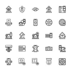25 set of outline web smart home icons such as security, doorbell, padlock, air conditioner, lamp vector thin icons for report, presentation, diagram, web design, mobile app
