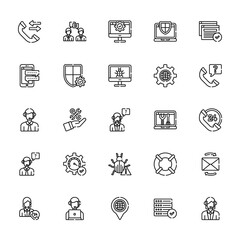 25 set of outline web tech support icons such as conversation, smartphone, customer support, customer support, hours vector thin icons for report, presentation, diagram, web design, mobile app