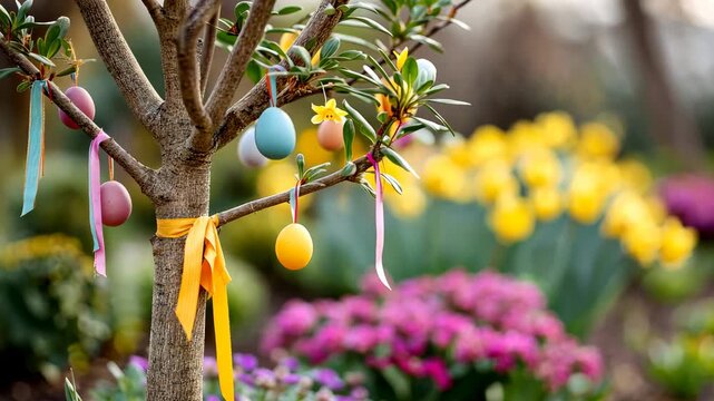 Colorful easter egg decorations on tree with spring flowers in bloom