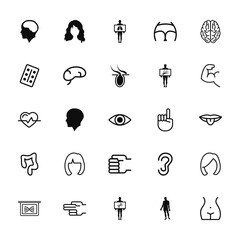 25 set of outline web body parts icons such as long wavy hair variant, domino piece with six dots, heart shape, large intestines, plate showing deoxyribonucleic acid structure vector thin icons for