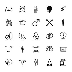 25 set of outline web body parts icons such as female torso, human ribs bones, tablet and capsule medications, face of a woman, heart shape with beats line vector thin icons for report,