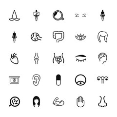 25 set of outline web body parts icons such as human body with x ray plate focusing on stoh, standing human body shape, part with lines, tooth x rays vision, cells under a magnification tool vector