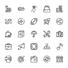 25 set of outline web tab bar and settings icons such as off, tings, coffee, business, printer vector thin icons for report, presentation, diagram, web design, mobile app