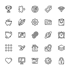 25 set of outline web tab bar and settings icons such as game, piggy bank, bell, menu, favorite vector thin icons for report, presentation, diagram, web design, mobile app