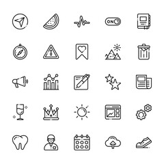 25 set of outline web tab bar and settings icons such as fruit, compass, advertising, wine, dentist vector thin icons for report, presentation, diagram, web design, mobile app