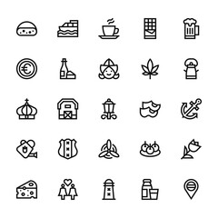 25 set of outline web holland icons such as boat, coin, crown, watering can, cheese vector thin icons for report, presentation, diagram, web design, mobile app
