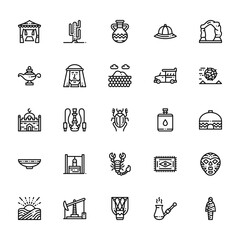 25 set of outline web desert icons such as cactus, lamp, mosque, plate, sun vector thin icons for report, presentation, diagram, web design, mobile app