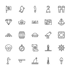 25 set of outline web pirates icons such as parrot, diamond, gold, skull, hook vector thin icons for report, presentation, diagram, web design, mobile app