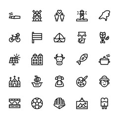 25 set of outline web holland icons such as windmill, bicycle, solar panel, church, bridge vector thin icons for report, presentation, diagram, web design, mobile app