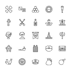 25 set of outline web pirates icons such as dice, key, pirate, tortoise, whale vector thin icons for report, presentation, diagram, web design, mobile app