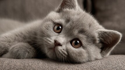 Cute gray kitten lounging comfortably on a couch with curious eyes looking toward the viewer in a cozy living room setting