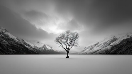 Solitary tree on a frozen lake, framed by snow-capped mountains.
