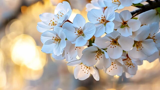 Blossoming cherry blossoms in gentle spring breeze with golden sunlight