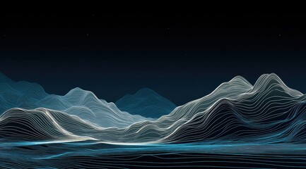 Abstract landscape made of white and blue flowing lines, dark background
