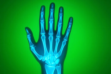 A glowing hand silhouette in neon colors, symbolizing technology, energy, and the future. The image features a vibrant, abstract style with a focus on light and shadow, ideal for futuristic.