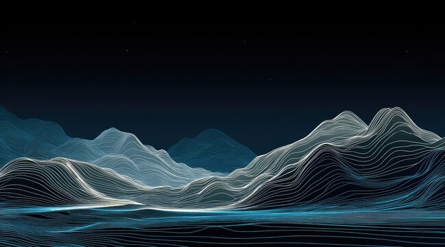 Abstract landscape made of white and blue flowing lines, dark background