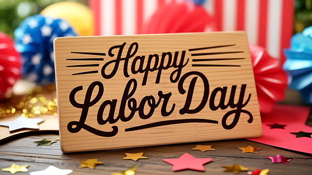 Happy labor day wooden sign with american flags and confetti