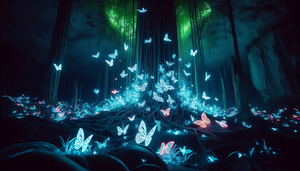 A forest filled with glowing crystals and butterflies, bathed in soft light, creating an ethereal and serene atmosphere. This enchanting scene captures the beauty and mystery of nature.