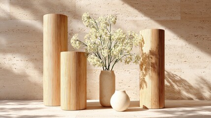 Natural wood pillars and vase with delicate flowers.