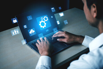 A concept of business operations and enterprise system integration. The components of a company including security, data, and cloud infrastructure. Motif