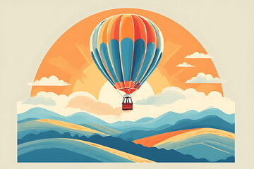 Fototapeta premium A colorful hot air balloon floats above a landscape with hills, clouds, and a rising sun in the background.