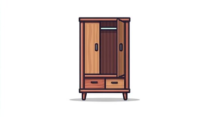 Open wooden wardrobe with two doors and drawers.