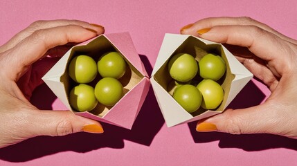 Small, light green and pastel yellow spheres in decorative paper containers.