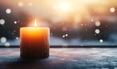 Candle burning on a surface, illuminating a cozy winter scene with falling snow